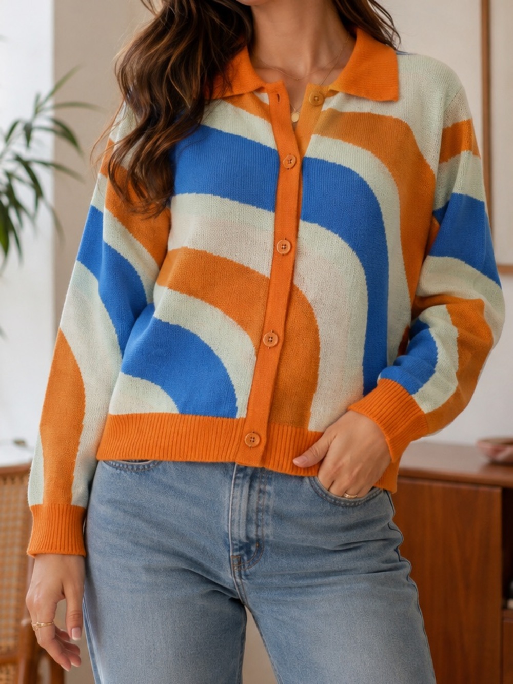 NWT Macaron Boutique Retro Style Button Up Cardigan Sweater 70’s Neon Artsy